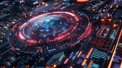 "High-resolution futuristic HUD interface. Circular design with digital elements. Technology and science fiction concept. Design for space dashboard, virtual cockpit, or sci-fi game interface."