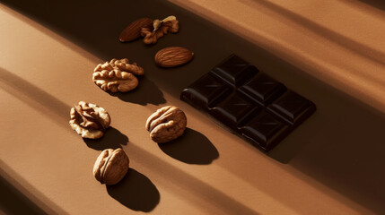 Peeled walnuts and delicious piece of dark chocolate on aesthetic dark brown background. Chocolate...