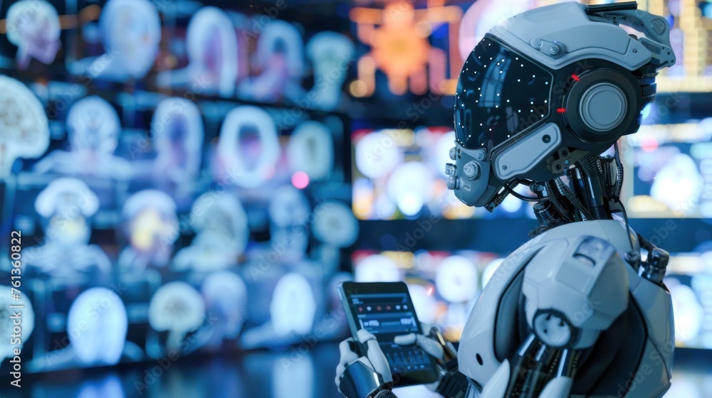 Poster in an environment surrounded by digital screens, a robot uses a touchscreen interface to interact