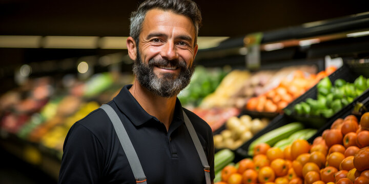 smiling middle-aged man working as a greengrocer in the fruit and vegetable section of a supermarket - fruit, vegetables and fresh produce concept