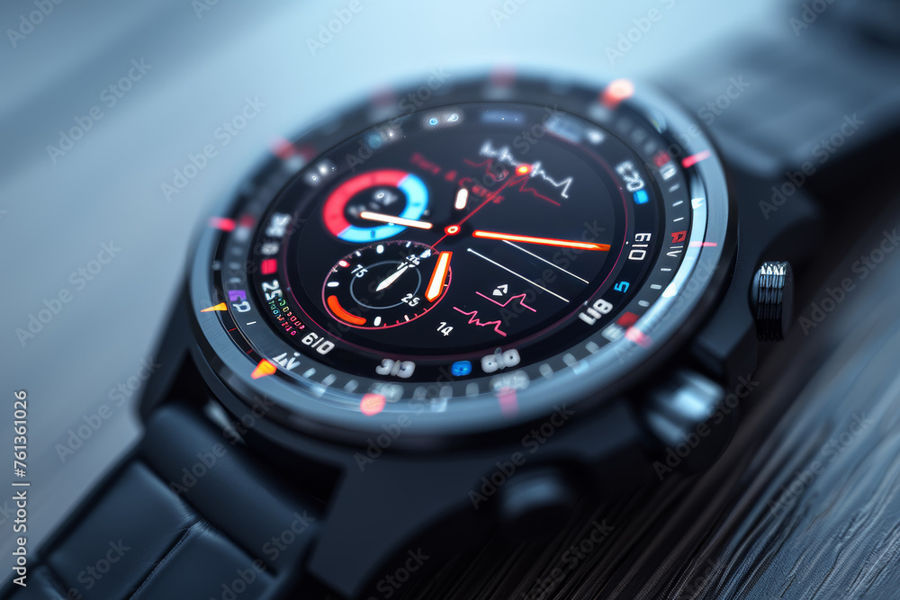 Poster a sleek smartwatch monitoring various health metrics, exemplifying the integration of technology in 