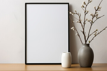 Black framed white picture sits on wooden table next to vase of flowers