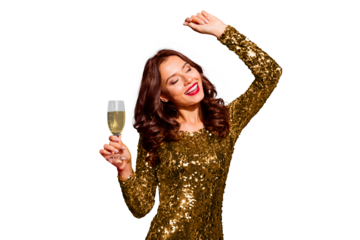 Rest, relax, chill, careless, carefree concept. Elegant, graseful,stylish, trendy lady with close eyes, big toothy smile and modern wave hairstyle dange with glass isolated on bright red background