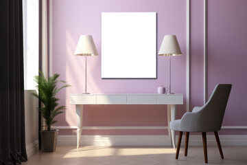 White desk with lamp and picture on wall