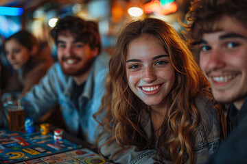 A group of friends engaged in a lively board game night, fostering social connections and camaraderie. Concept of social gaming and entertainment. Generative Ai.
