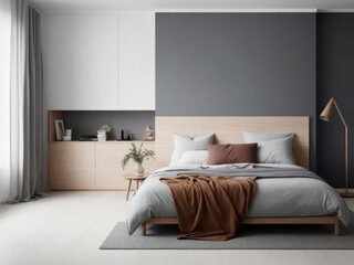 Fototapeta na wymiar Minimalist Neutral Color Tones Bedroom Interior Design with Serene Ambiance