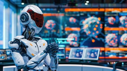 Futuristic humanoid robot with clasped hands, as if praying, set against a background of digital screens