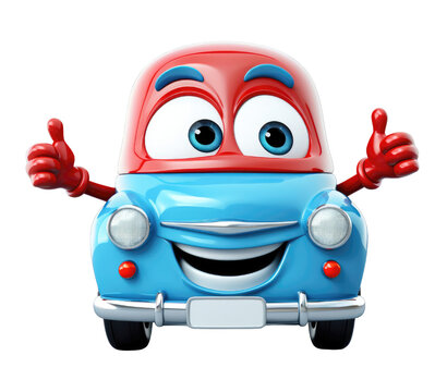 A cartoon car with a thumbs up gesture. The car is blue and red. The car is smiling and has a happy expression