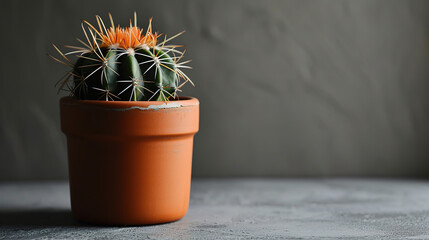 Side view of a cactus in a pot on a gray background, with empty copy space 