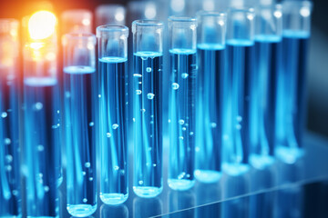 Row of blue test tubes with yellow light shining on them