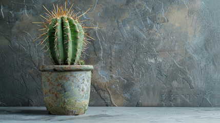 Side view of a cactus in a pot on a gray background, with empty copy space  - obrazy, fototapety, plakaty