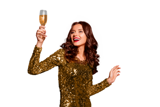 Relax, rest, chill, careless, carefree, leisure, lifestyle concept. Sweet lady with modern wave hairdo isolated on vivid red background look aside, hold glass of beverage and smile