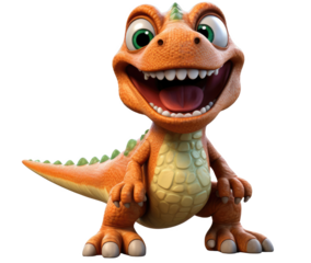 A cartoon dinosaur with a big smile on its face. The dinosaur is orange and has green spots