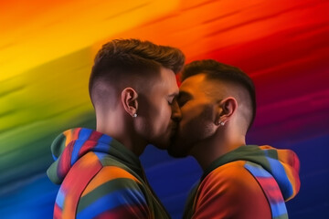 Obraz premium Gay couple portrait in LGBTQ rainbow flag colors. Pride Month concept.