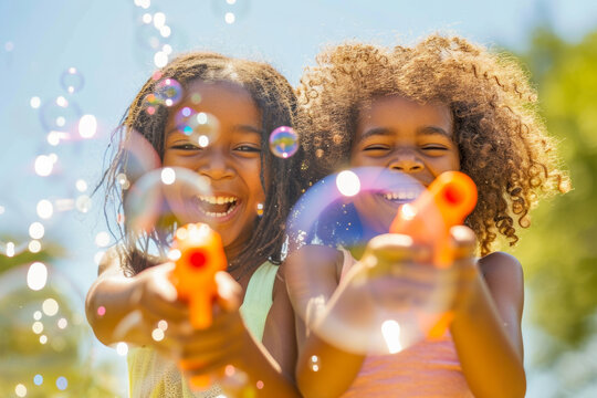 Two joyful children playing with bubble guns in the sunlight, surrounded by floating soap bubbles