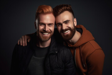 Obraz premium Gay couple portrait in LGBTQ rainbow flag colors. Pride Month concept.