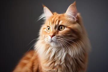 Cat with long fur and yellowish-orange color is staring at camera