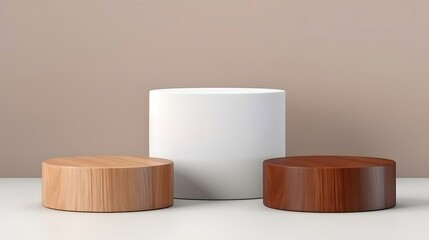 Modern Wooden and White Cylinder Pedestals on Neutral Background - obrazy, fototapety, plakaty
