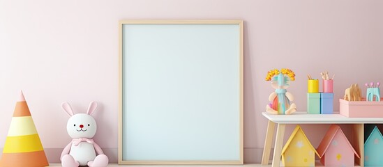 A peachcolored rectangular picture frame made of wood is displayed on a table in a childs room, surrounded by toys and furry tails. The room is filled with painted art from a recent event