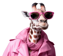 A giraffe wearing sunglasses and a pink coat