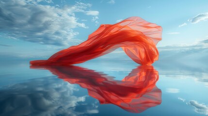 Vivid red fabric flowing in clear mountain lake, Concept of contrast in nature and fluidity.