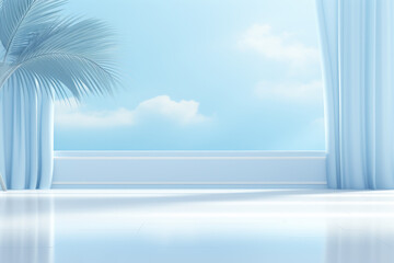 Blue and white room with window and palm tree