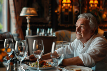 Serene senior man dining alone in a luxurious restaurant, embodying contemplation and refined atmosphere.
