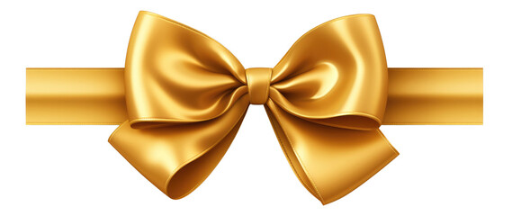 A gold ribbon with a bow is shown on a white background. The ribbon is long and has a shiny, luxurious appearance. The bow is positioned at the top of the ribbon, and it is slightly curved