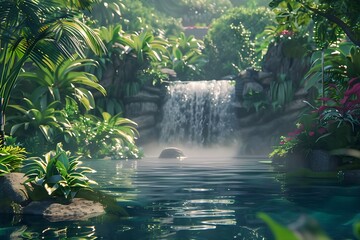Tropical Waterfall Paradise: A lush tropical waterfall surrounded by vibrant greenery, creating a serene and paradisiacal atmosphere.

 - obrazy, fototapety, plakaty