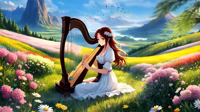 A woman in the field playing harp. Seamless looping time-lapse 4k video animation background