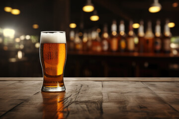 Glass of beer is sitting on wooden table in bar
