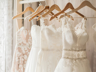 Assortment of wedding dresses on a hanger in a wedding salon. Fashionable wedding trends.