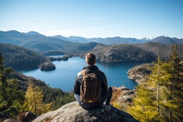 Man sits on rock overlooking lake - Powered by Adobe
