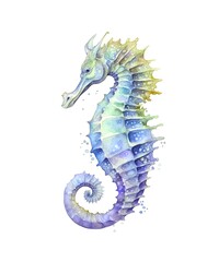 Watercolor illustration of a blue seahorse isolated on white background.