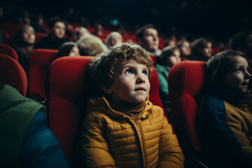 Young boy is sitting in red chair in movie theater