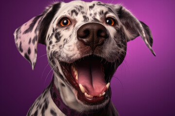Dog with purple collar is smiling and has its mouth open