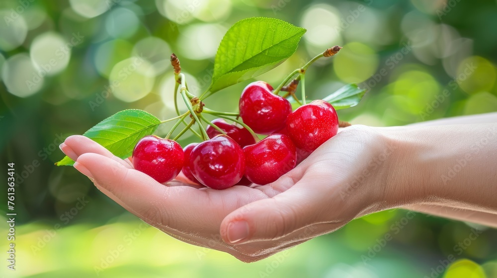 Poster selective handpicked sweet cherries on blurred background with ample space for text placement