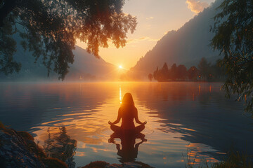A peaceful lakeside yoga session at dawn, harmonizing body and mind with the soothing sounds of nature. Concept of holistic well-being and relaxation. Generative Ai.