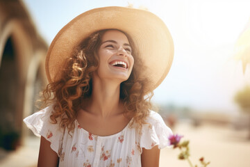 Woman wearing straw hat and white dress is smiling and holding flower