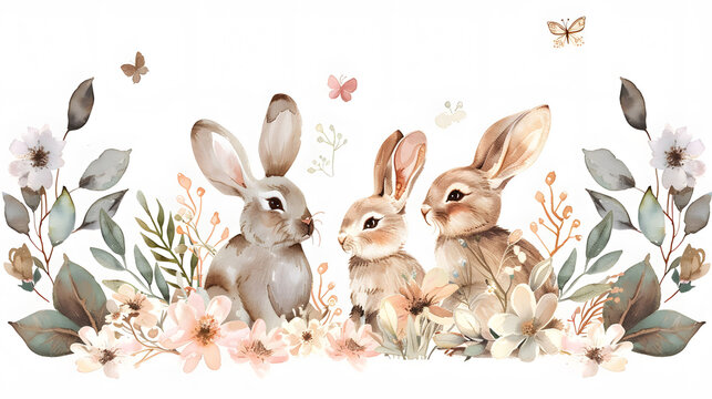 watercolor illustration of bunny on white background for easter spring season greeting.