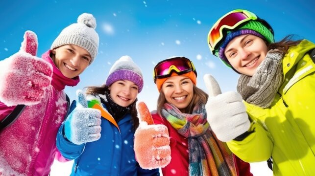 Happy Winter Holidays -a group of four friends enjoying a winter sports outing.