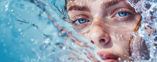 Lichtdoorlatende rolgordijnen Schoonheidssalon Water hydration beauty skincare face moisturizer model banner