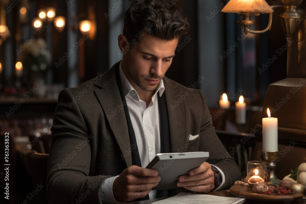 Poster man in suit is sitting at table with tablet in front of him