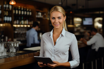 Woman is standing at bar with tablet in her hand