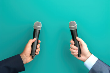 Two men are holding microphones, one of which is black