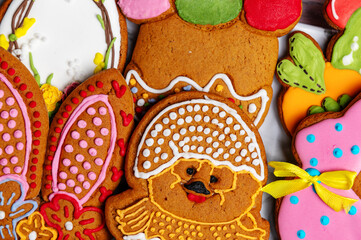 Easter gingerbread cookie on  wooden table. Cookies for Easter