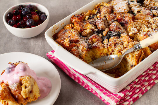 Leftovers bread pudding with nuts and berries