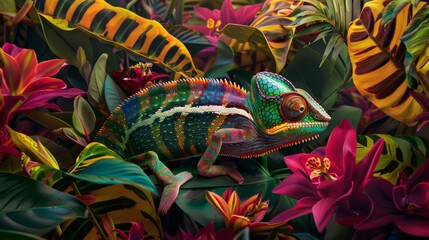 Exotic Jungle Scene: Colorful Chameleon Camouflage.