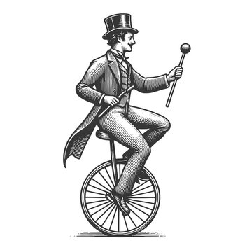 Circus performer acrobat rides unicycle sketch engraving generative ai fictional character raster illustration. Scratch board imitation. Black and white image.