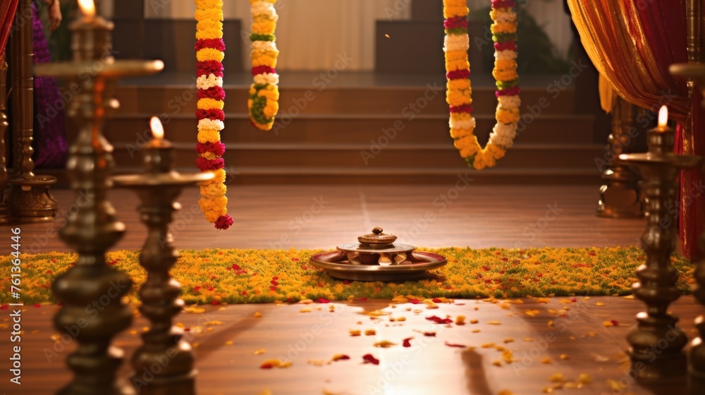 Wall mural decorative room temple with worship pot on the occasion of indian traditional festival.